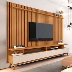 Rack com Painel para TV 72 Polegadas Vivare 3 Gavetas Ripado Natural/ Off White - Giga Móveis