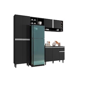 Balcão Para Cozinha E Armário Aéreo Vanessa Com 5 Peças Preto Fosco
