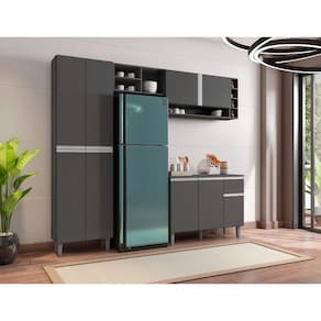 Balcão Para Cozinha E Armário Aéreo Vanessa Com 5 Peças Cinza Fosco