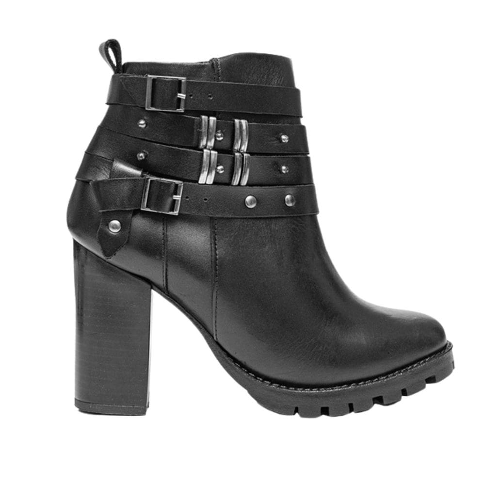 Bota Pele Natural Salto Médio Fivelas Feminina Preta