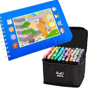 Canetinhas 80 Cores Livro de Pintar Ursinho Fofo Desenho Colorir 100 Folhas Estojo Ponta Dupla Pintura