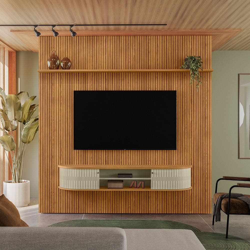 Home Suspenso New Bugatti Com Painel Ripado P/ TV 75`` - Cumaru/Opala Madetec