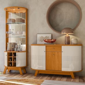 Buffet Monza com Cristaleira Marina com Led e Prateleira de Vidro - Cinamomo/Off White Madetec