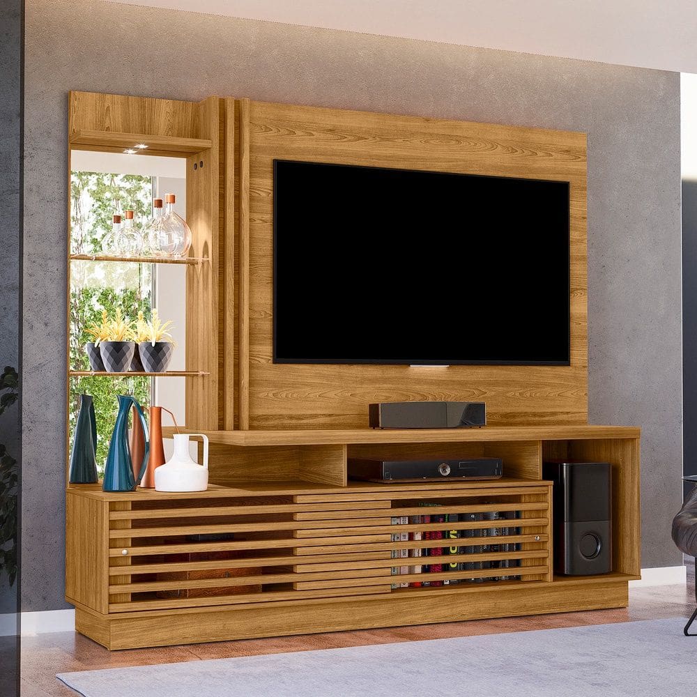 Home Theater Frizz Plus Com Portas Deslizantes Frisadas, Espelho e Led - Cumaru Madetec