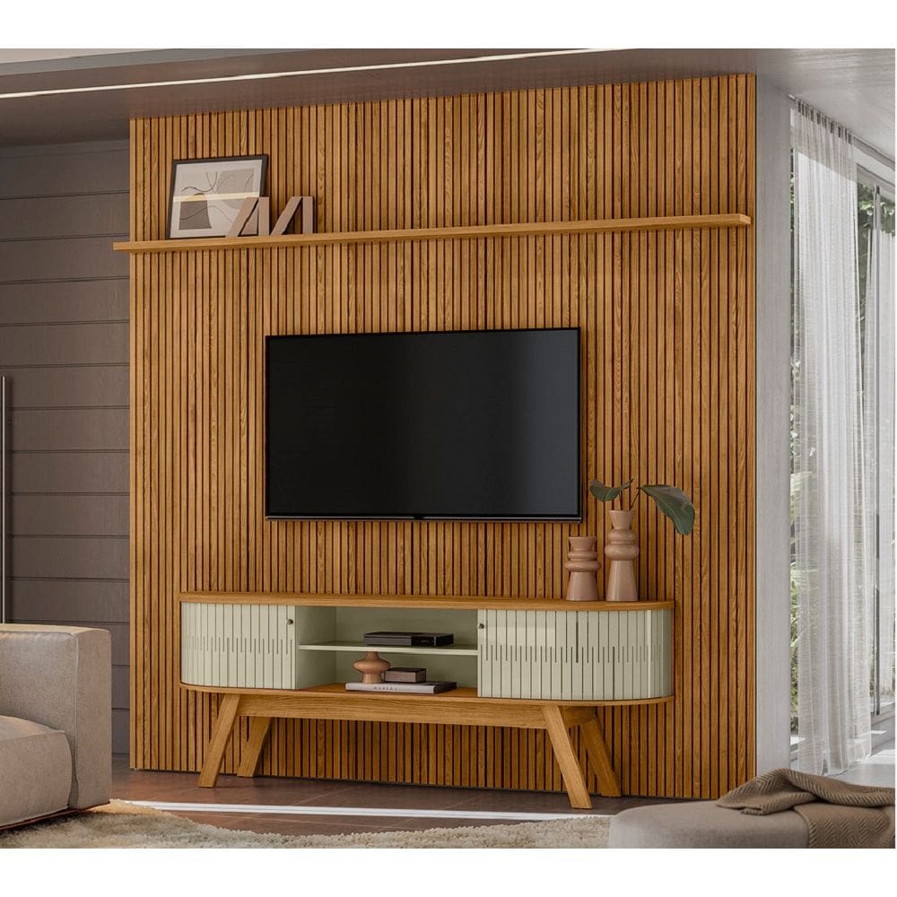 Composição New Laguna Painel Frisado com Bancada Retô P/ TV até 75`` - Cumaru/Opala Madetec
