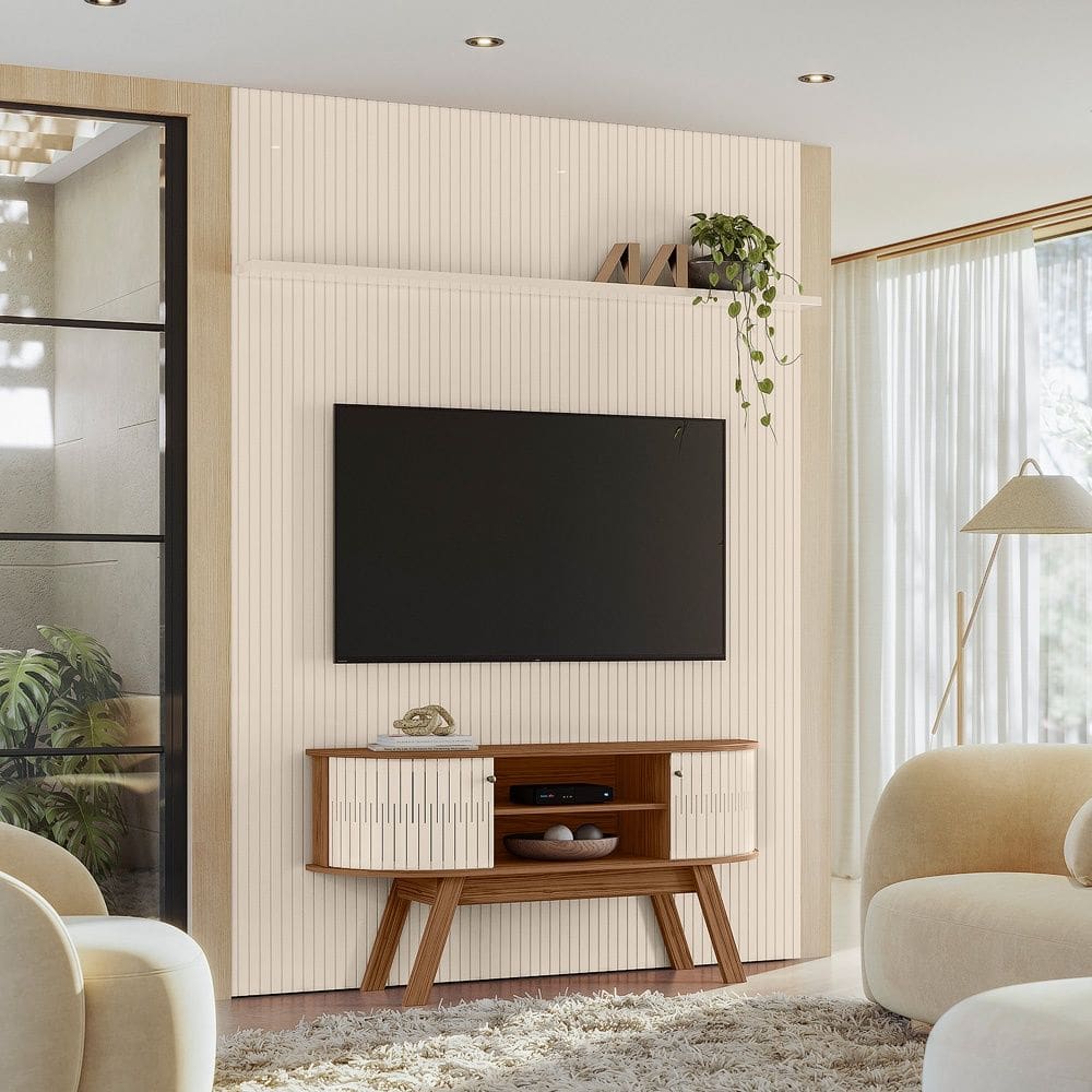 Composição Sala de Estar New Silverstone com Painel e Bancada 179m - Naturale/Off White Madetec