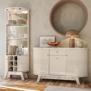 Buffet Monza com Cristaleira Marina com Led e Prateleira de Vidro - Calacata/Off White Madetec