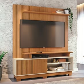 Home Theater Ares com Pés Porta em MDF Frisado Para TV`s até 65 Polegadas - Cinamomo/Off White Madetec