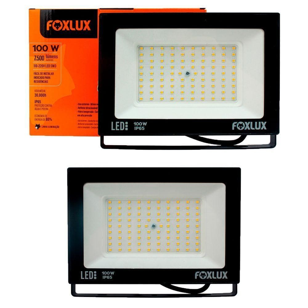 Kit 2 Refletor Led 100w 3000k Preto Bivolt Foxlux