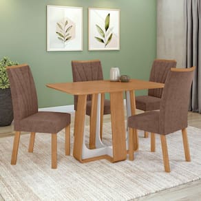 Conjunto Sala de Jantar Mesa Easy Pop 120x80cm Tampo MDF com 4 Cadeiras Confort Couro Avelã Amêndoa/Off White