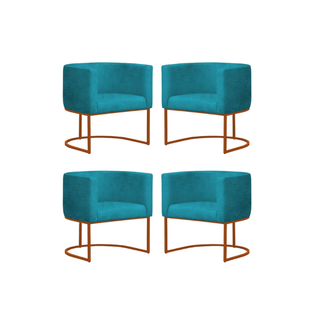 Kit 4 Poltronas Reforçada Decorativa Sala Gabriela Base Ferro Bronze Suede Azul Tifany
