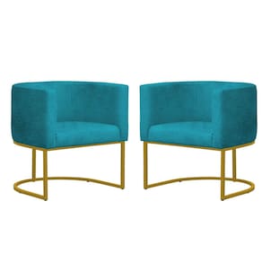 Kit 2 Poltronas Reforçada Decorativa Sala Gabriela Base Ferro Dourada Suede Azul Tifany