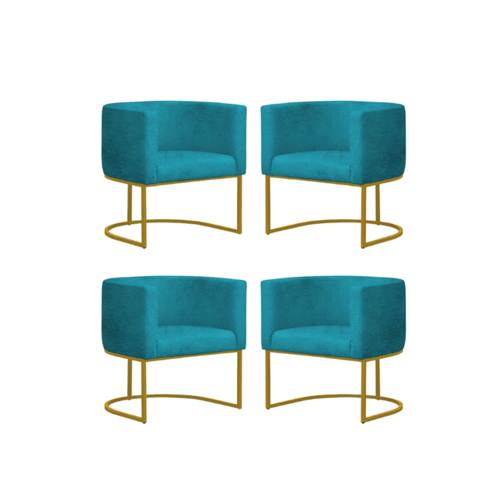 Kit 4 Poltronas Reforçada Decorativa Sala Gabriela Base Ferro Dourada Suede Azul Tifany