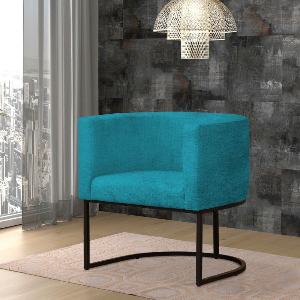 Poltrona Reforçada Decorativa Sala Gabriela Base Ferro Preta Suede Azul Tifany