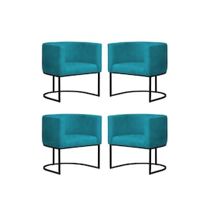 Kit 4 Poltronas Reforçada Decorativa Sala Gabriela Base Ferro Preta Suede Azul Tifany