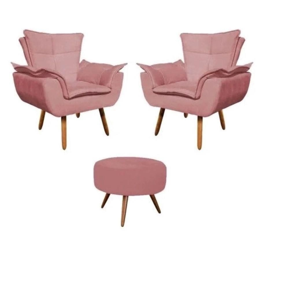 Kit 2 Poltronas Opalas Com Puff Redondo Suede Rose