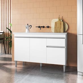 Balcão Tatiane com Pia e Cuba GhelPlus 120cm Branco AJL Móveis