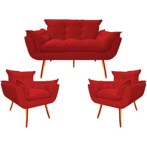 Namoradeira + 2 Poltronas Opalla Decorativa Reforçada Recepção Sala De Estar Suede Vermelho