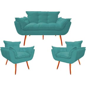 Namoradeira + 2 Poltronas Opalla Decorativa Reforçada Recepção Sala De Estar Suede Azul Tifany