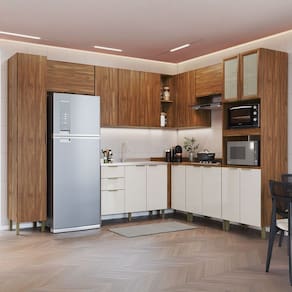 Armário de Cozinha Heloisa com Balcão para Pia e Cooktop 16 Portas 3 Gavetas Wengue/Cristalo - Pnr Móveis