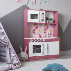 Cozinha Infantil Helena c/ Fogão Forno e Armários Branco/Rosa