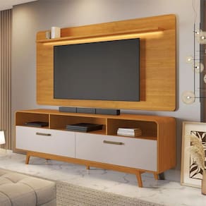 Rack Com Painel Cristal para Tv até 70" - Cinamomo/Off White - JCM Movelaria