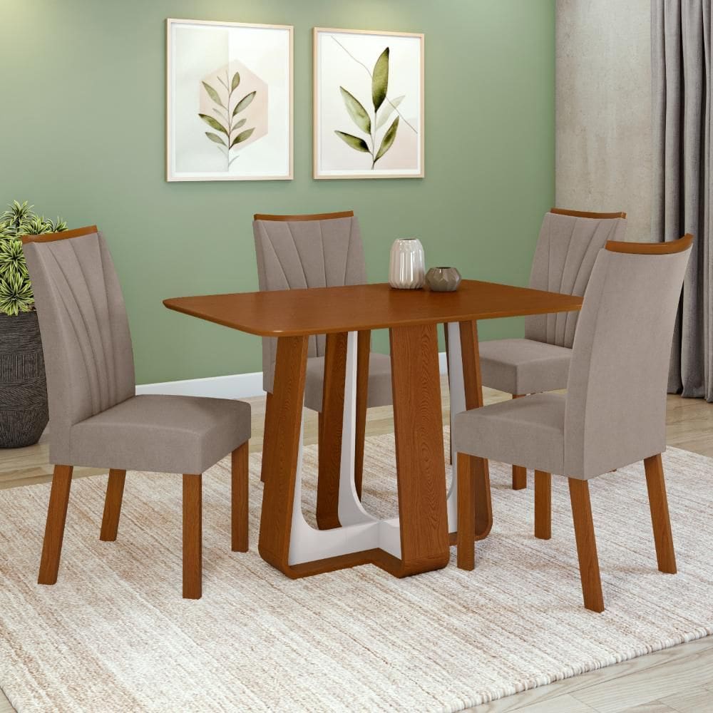 Conjunto Sala de Jantar Mesa Easy Pop 120x80cm Tampo MDF com 4 Cadeiras Confort Suede Animale Bege Frassino/Off White