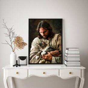 Quadro Decorativo Jesus Com Gato No Colo 33X24Cm - Com Vidro