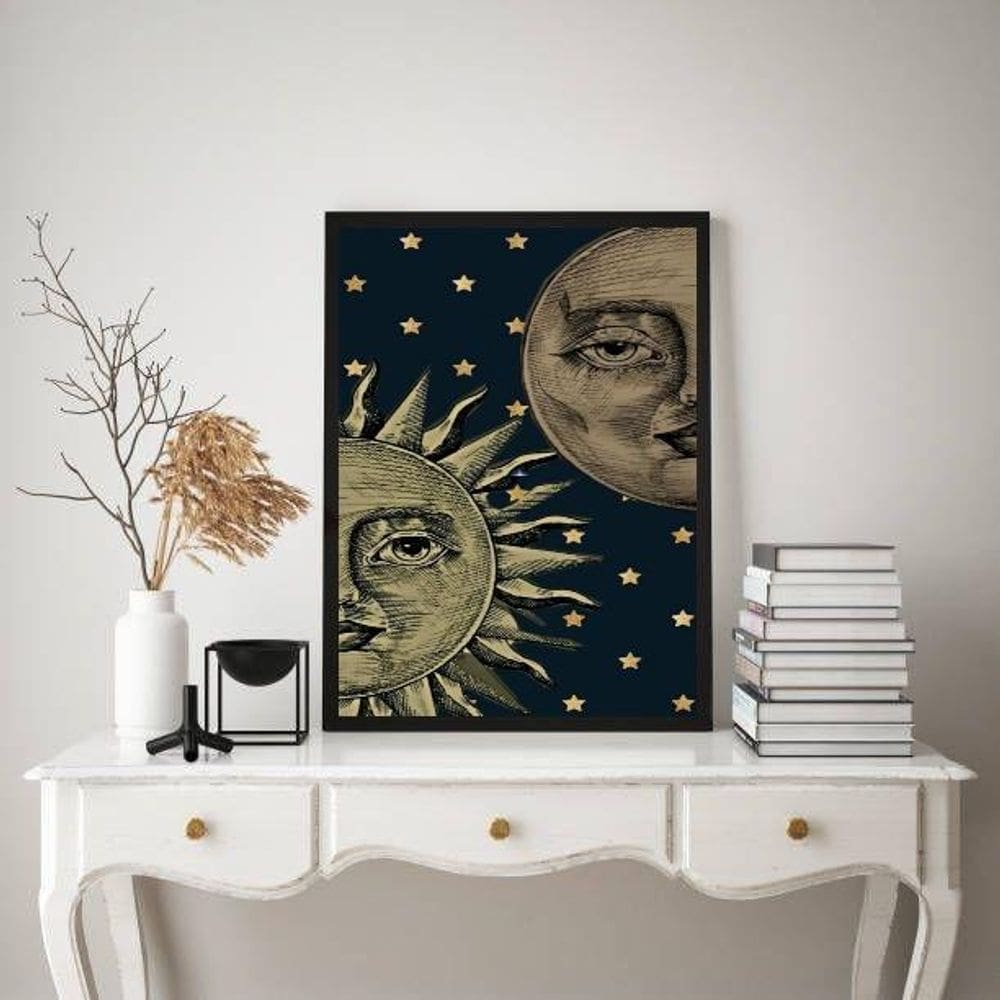 Quadro Decorativo Mistico Sol E Lua - Metades 33X24Cm