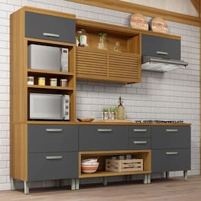 Cozinha Completa 5 Portas 4 Gavetas Ripado 100% MDF Princesa Freijó/Off White Nesher