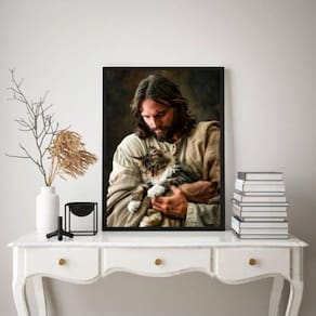 Quadro Decorativo Jesus Com Gato No Colo 33X24Cm - Com Vidro