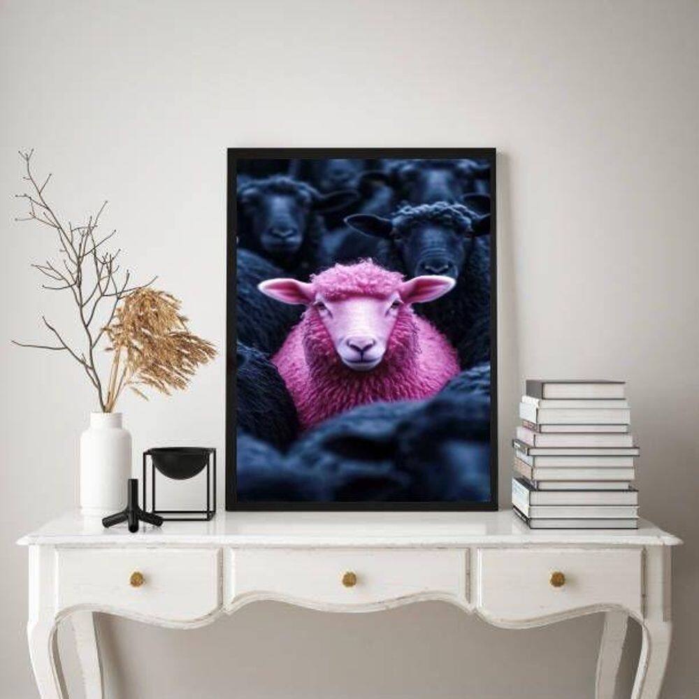 Quadro Decorativo Ovelha Rosa 33X24Cm - Com Vidro