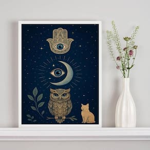 Quadro Mistico Hamsa Lua Coruja Gato 33X24Cm