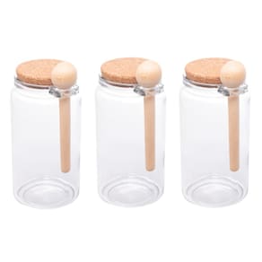 Kit 3 Porta Temperos Redondo 1 L Vidro com Colher de Bambu e Tampa Rolha Lyor