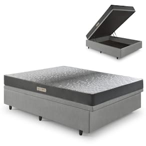 Cama Baú Casal 138x188 Courino Linho Cinza com Dual Firm Espuma Ecoflex