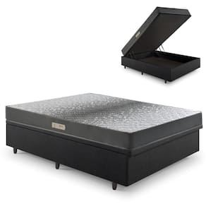 Cama Baú Casal 138x188 Courino Linho Preto com Dual Firm Espuma Ecoflex