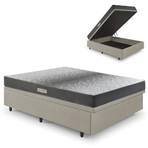 Cama Baú Casal 138x188 Courino Linho Bege com Dual Firm Espuma Ecoflex