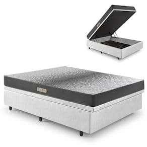Cama Baú Casal 138x188 Courino Linho Branco com Dual Firm Espuma Ecoflex