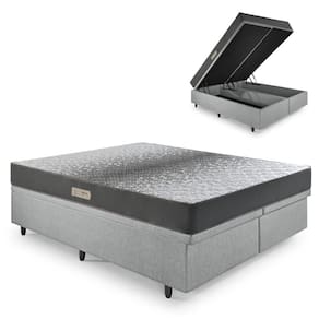 Cama Baú King 193x203 Courino Linho Cinza com Dual Firm Espuma Ecoflex