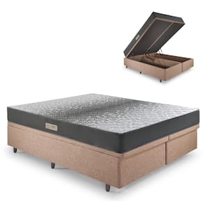 Cama Baú Queen 158x198 Linho Marrom com Dual Firm Espuma Ecoflex