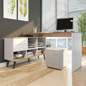 Mesa Home Office com Estante Nicho 145x128cm 2 Gavetas Pés Retrô MDP Menu Móveis