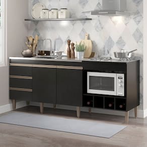 Balcão para Cozinha Completo 183x52cm 2 Portas 3 Gavetas MDP Preto Menu Móveis