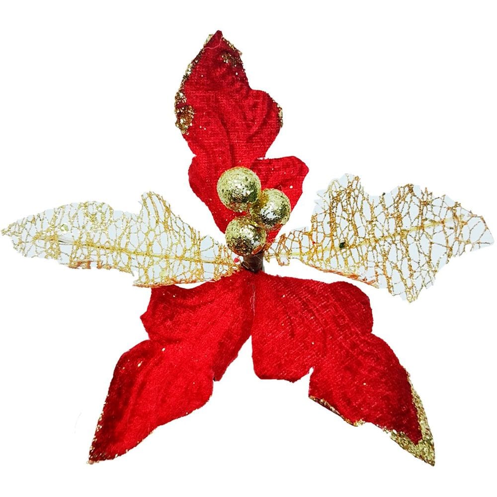 Kit 18 Flor Artificial Decoração Brilho Gliter Vermelho 15cm