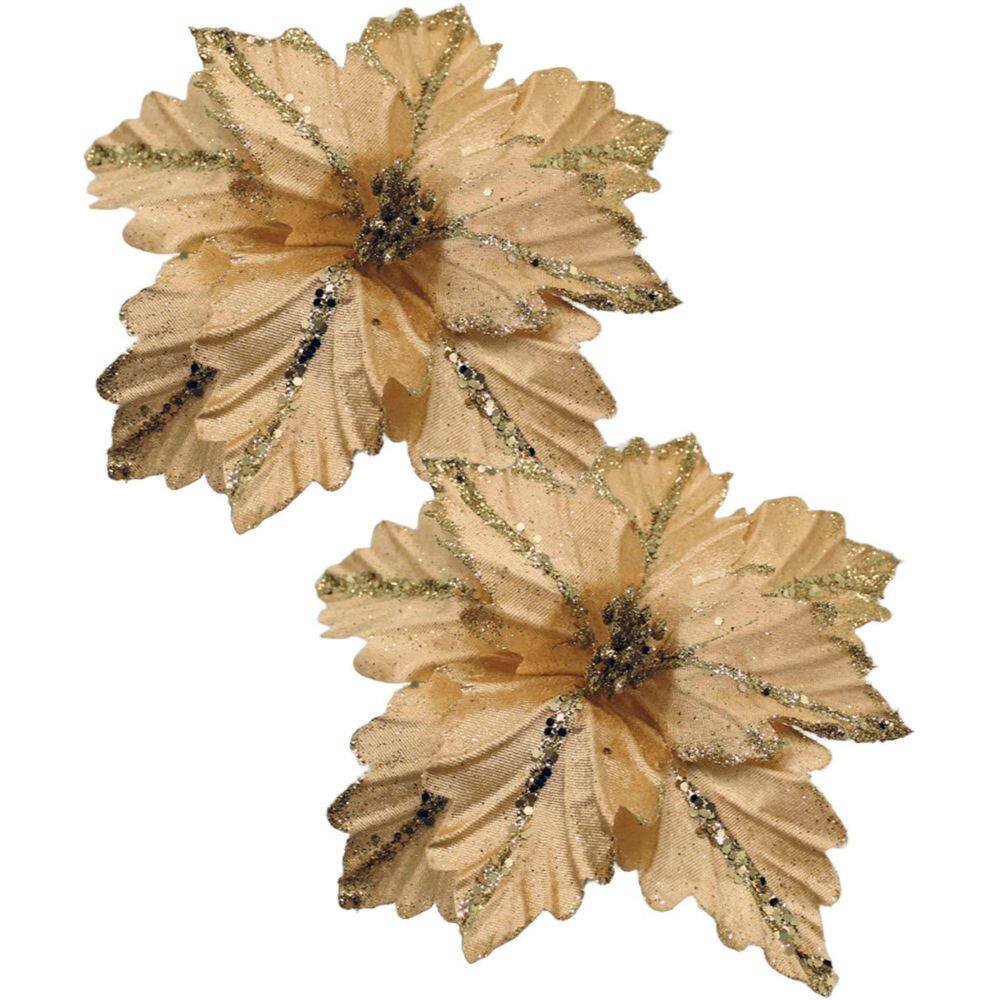 Kit 12 Flores Artificial Madeira Glitter Dourado Natal 25cm