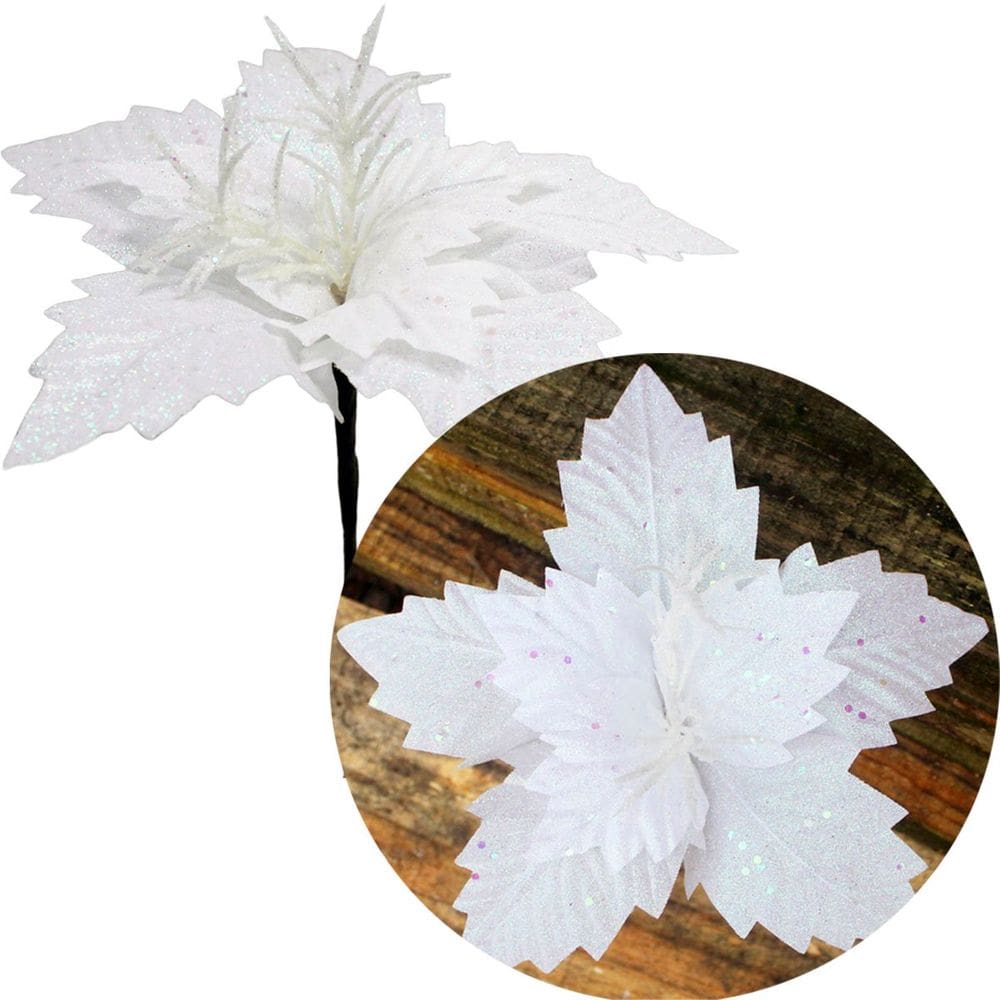 Kit 8 Flores Artificial Gliter Branco Enfeite Natalino 25cm