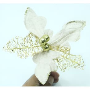 Kit 16 Flor Artificial Decoração Brilho Glitter Ouro 15cm