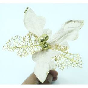 Kit 20 Flor Artificial Decoração Brilho Glitter Ouro 15cm