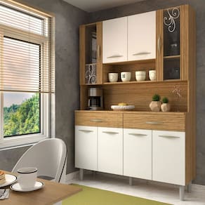 Armário de Cozinha com Balcão Sansa 8 Portas 2 Gavetas com Vidro Ripado 3d Freijó/Supremo - Panorama Móveis