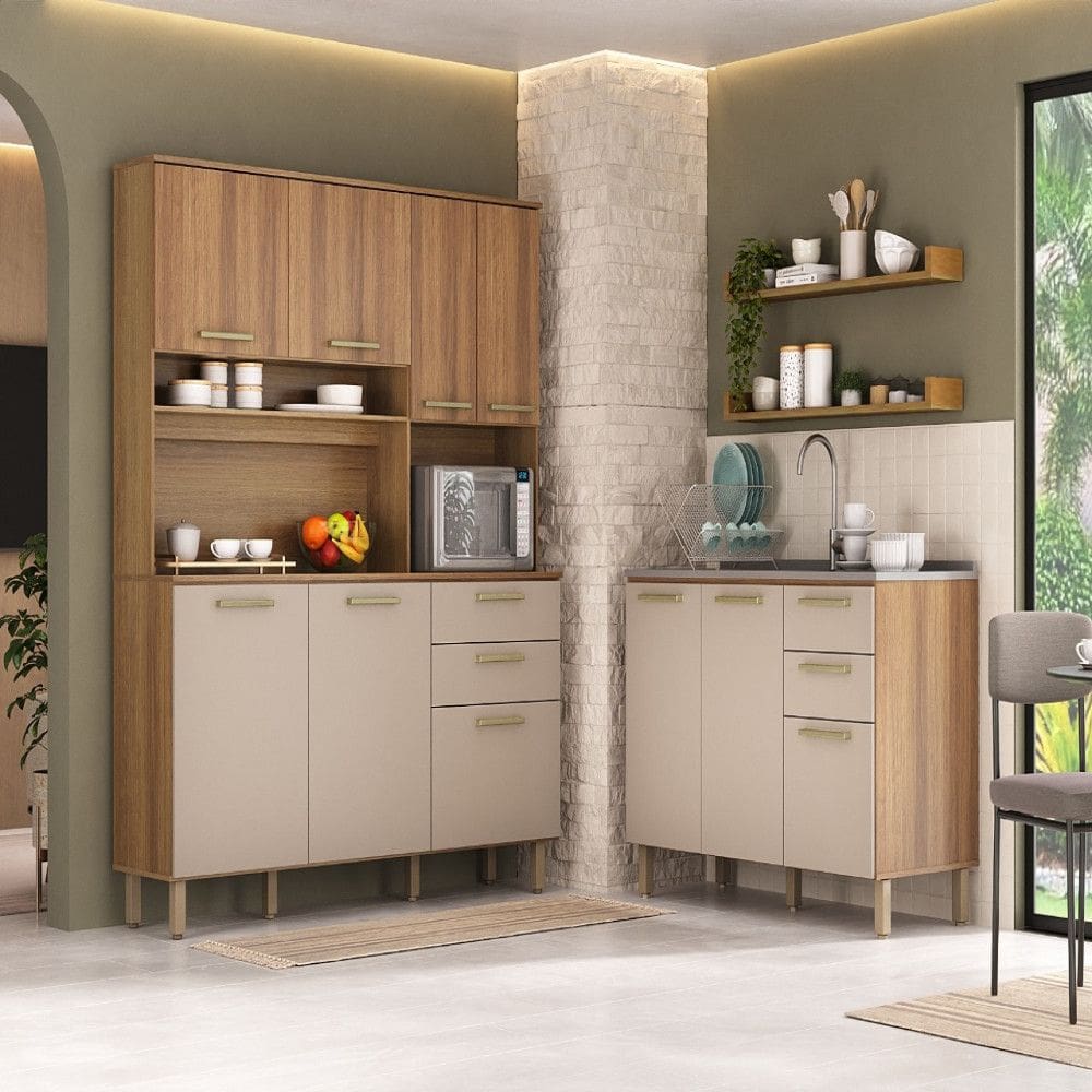Cozinha Luciane Modulada 2 Peças 10 Portas 4 Gavetas Armário e Balcão 1,20 sem Tampo