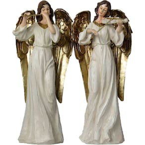 Dupla Anjos Músico Flautista Violinista Em Resina Natal 38cm